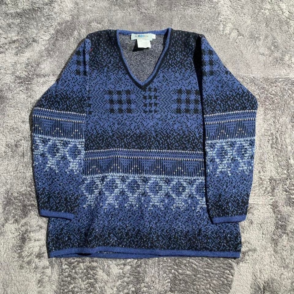 Vintage France Blue and Black‎ Pattern Grandma Knit Sweater